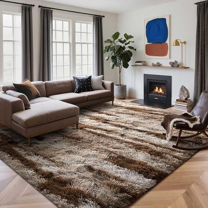 Area Rugs for Living Room, 5x7 Feet Soft Fluffy Shagg Plush Rug High Pile Large Indoor Modern Non-Slip Floor Carpet for Bedroom Nursery Kids Home Room Dorm Decor Aesthetic Tie-Dyed Khaki