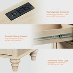 WAMPAT Beige End Table with Charging Station, Wooden Side Table with Storage Cabinet & Drawer, Elegant Nightstand with Power Outlets & USB Ports for Bedroom, Living Room