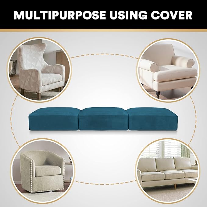 PrinceDeco Stretch Sofa Cushion Covers for Couches and Sofas,Soft Velvet Couch Seat Covers, Sofa Covers Washable, Seat Cushion Cover for 3 Couch Sofa Pet Friendly - Deep Teal, Each Width Up to 29.5"