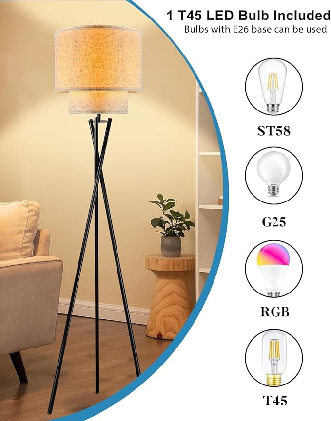 Lightdot Black Tripod Floor Lamp, Modern Floor Lamps for Living Room, Standing Lamp with Dual Drum, E26 Bulb Included, 67.7" Tall Floor Lamp for Bedroom, Home Office