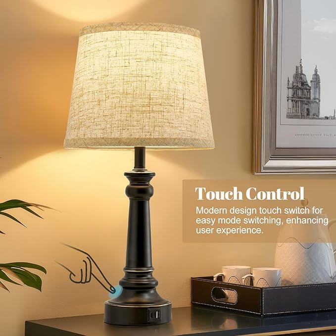 Touch Lamps for Nightstand Set of 2 - Black Table Lamp for Bedroom 3 Way Dimmable Bedside Lamp with USB C+A Ports - Lamps for Night Stands Living Room End Table,2 LED Bulbs Included