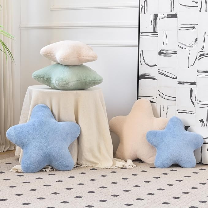 Xiashrk Star Pillow, Decorative Throw Pillows for Bed Couch, 15" Star Shaped Pillow Plush Floor Cushions Room Decor Pillow with Faux Rabbit Fur for Sofa Bedroom Living Room (Grey Blue, 15" x 15")