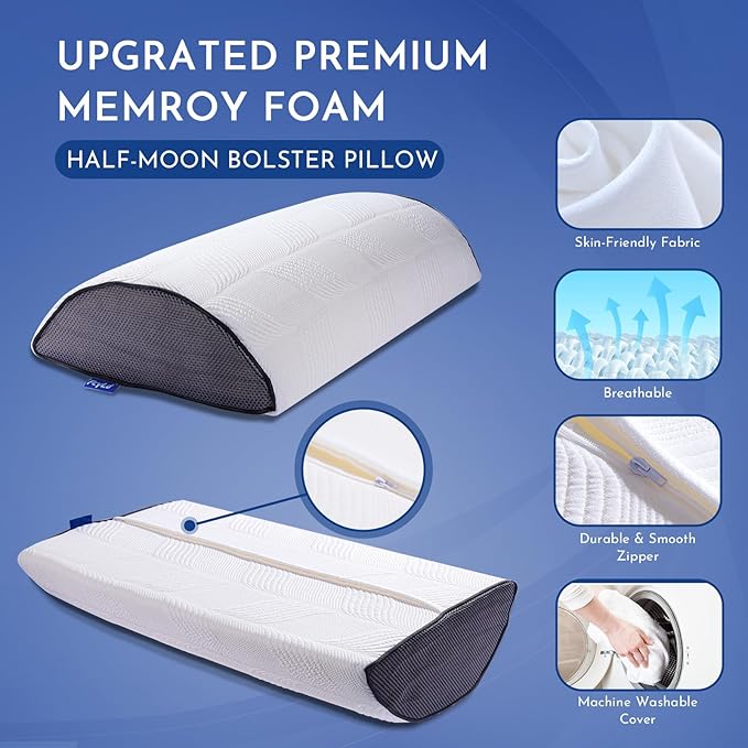 Memory Foam Half Moon Bolster Pillow, for Under Knee, Back, Ankle and Foot Support for Yoga, Sleep, and Lumbar Relief, Ergonomic Design with Washable Cover, 20.5" x 8" x 5"