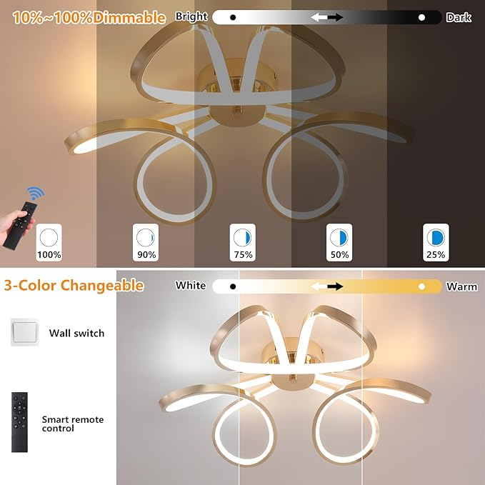 Q&S Modern Dining Room Light Fixture,Kitchen Led Ceiling Light,Dimmable Gold Flush Mount Ceiling Light Fixture for Bedroom with Remote,Led Chandelier for Living Room Hallway 3-Color Change