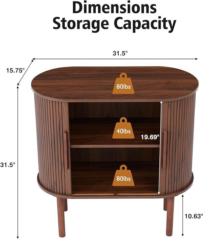 31'' Fluted Sideboard Buffer Cabinet, Modern Credenza Storage Cabinet with Slide Doors, Bar Cabinet Console Table for Living Dining Room Kitchen Hallway Entryway, Walnut