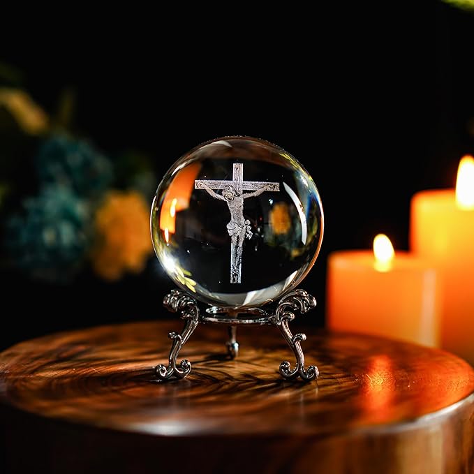 60mm 3D Glass Laser Etched Cross Jesus Crystal Ball with Stand Jesus Crucifixion Scene Figurine Crystal Cross Jesus Easter Decoration for Christianity Catholic