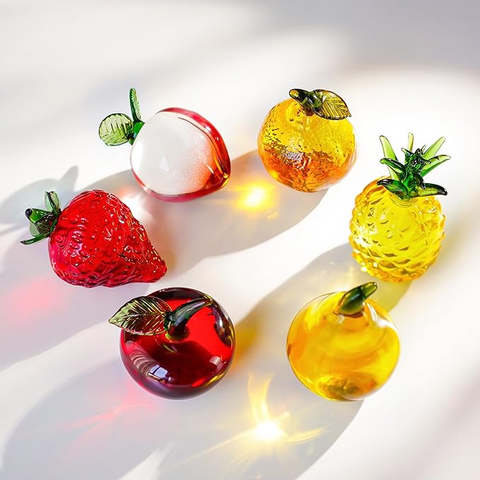 Set of 3 Crystal Fruits Decoration for Home Kitchen Glass Red Strawberry Apple Peach Fruit Figurines Glass Fruits Decor for Wedding Birthday Tabletop Centerpiece