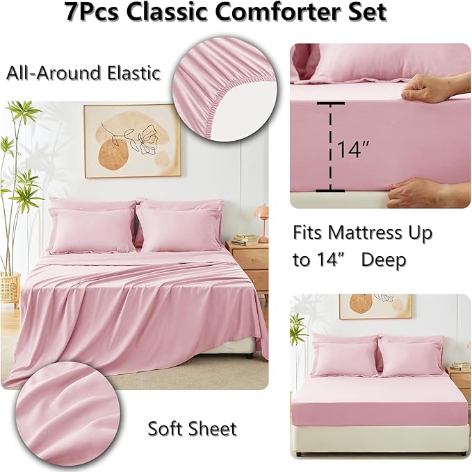 CozyLux King Size Comforter Sets Pink - 7 Pieces Bed in a Bag King, Luxury Soft Bed Set for All Seasons, Bedding Set with Down Alternative Comforter, Sheets, Pillowcases & Shams
