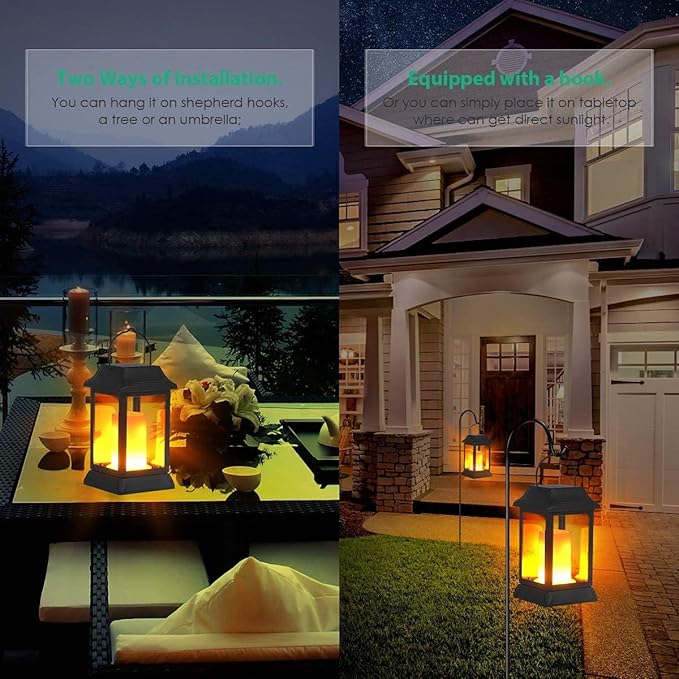 TomCare Solar Lights Metal Flickering Flame Solar Lantern Outdoor Hanging Lanterns Decorative Lighting Heavy Duty Solar Powered Waterproof Umbrella Lighting for Garden Yard Patio Deck, 2 Pack（Black）