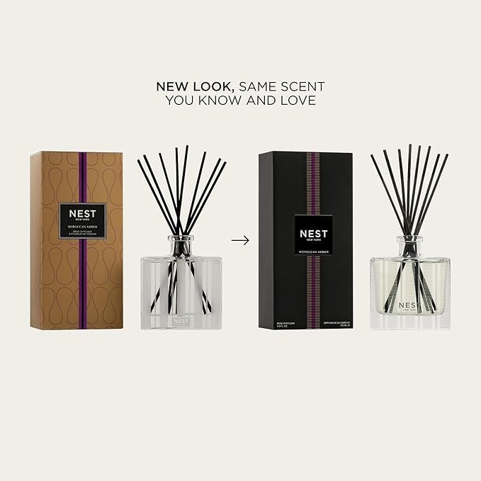 NEST New York Reed Diffuser, Moroccan Amber - 5.9 fl oz - Fragrance for Up to 90 Days - Reusable, Refillable Glass Holder - Includes 8 All-Natural Reed Sticks - Flame Free