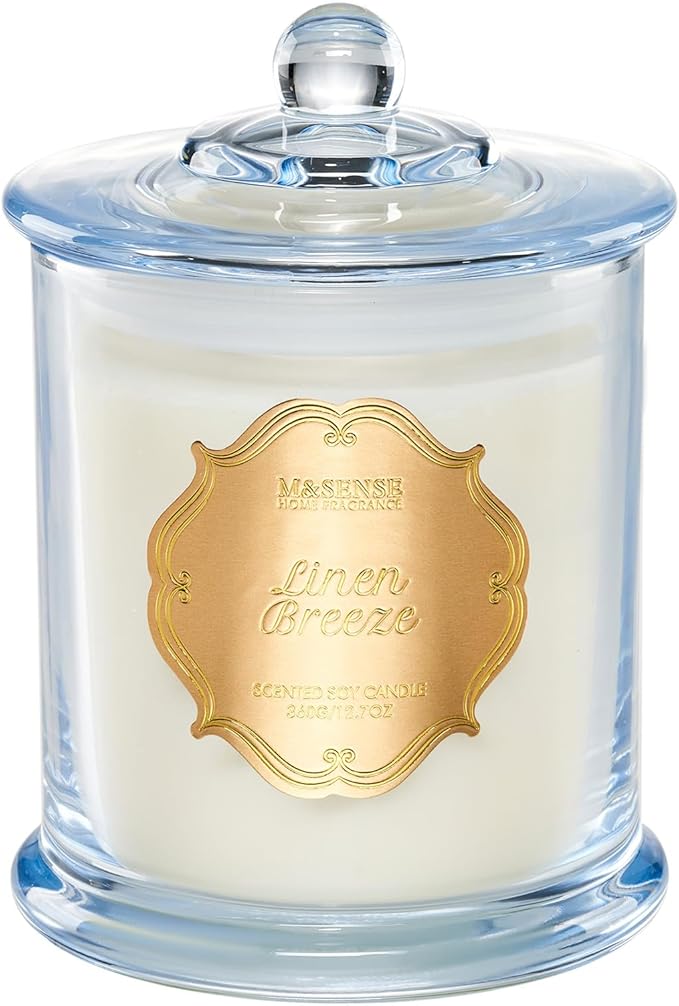 M&SENSE Linen Candles for Home Scented, Organic Soy Candles Non Toxic, 12.7oz Large Jar Candle 75 Hours Long Lasting Slow Burning, Fresh Clean Scented Air Puriffying Housewarming Candle Father Gift