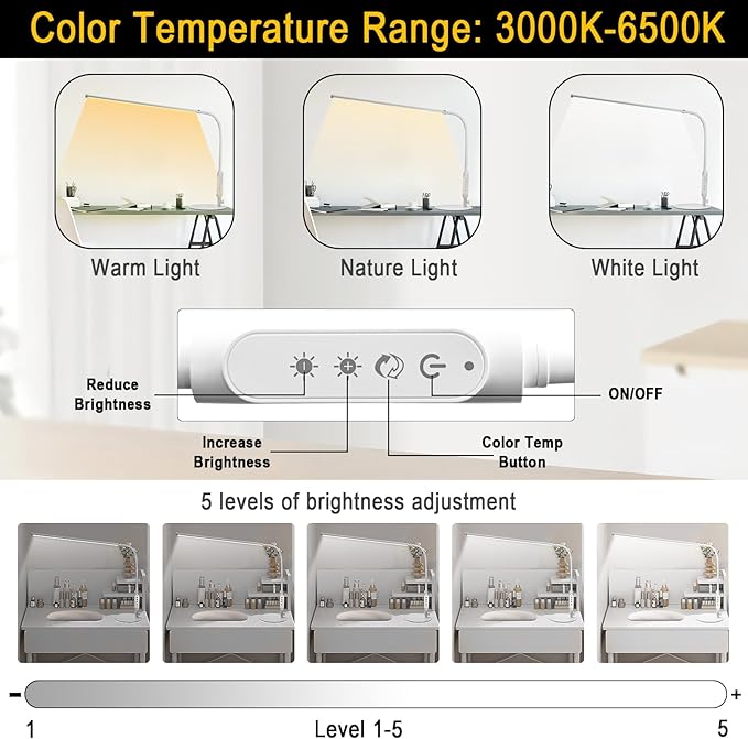 CGBE Led Desk Lamp: 360° Adjustable Nail Light for Desk with 3 Color Modes 5 Brightness, 23.6-Inch Nail Lamp for Desk for Salon Manicurist Tattoo Crafts Sewing Work Reading Game