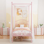 Weehom Princess Canopy Bed Frame with 4 Posters, Sturdy Metal Platform Mattress Foundation with Headboard&Footboard No Box Spring Needed Twin Size Bed for Kids Girls Adults Pink