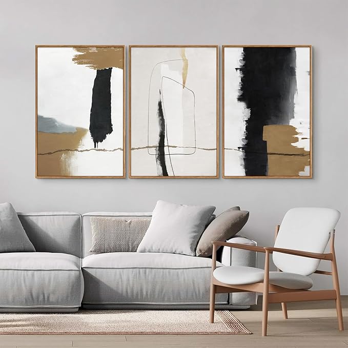 SIGNINART Black and White Abstract Framed Canvas Wall Art Set of 3, Beige Neutral Art Prints, Minimalist Modern Wall Decor for Living Room, Bedroom, Office,Above Couch 16"x24"x3
