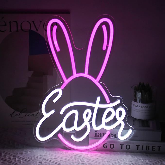 Easter Bunny Egg Neon Sign Pink Rabbit Ears Neon Light Easter Day LED Neon Signs for Wall Neon Lights Signs for Bedroom Bar Party Decor Kid Gift