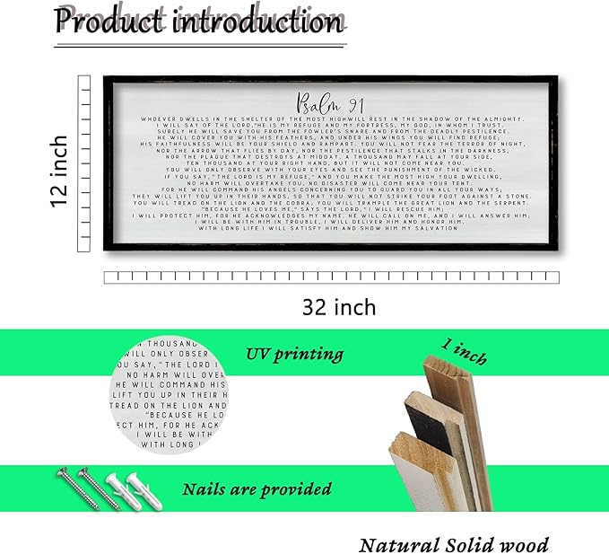 ZZJJHYWGQ Catholic Wall Decor Psalm 91 Bible Verse Wall Art 32"×12" Scripture Print Sign for Home Prayer Room Family Christian Inspirational Quotes Wood Framed Religious Wall Hanging (Black)