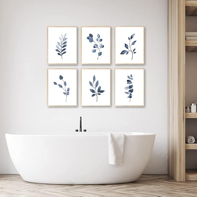 Navy Blue Botanical Art Set of 6, Minimalist Abstract Prints Watercolor Blue White Leaf Plant Wall Decor Canvas Painting, Boho Floral Wall Decor for Bedroom, Living