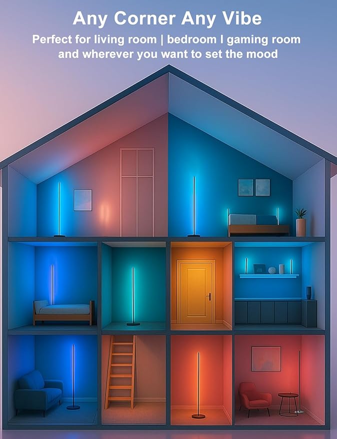 Corner Floor Lamp, Smart RGBICW LED Corner Lamp with App and Remote Control, 16 Million DIY Colors, Music Sync, Modern LED Floor Lamp for Living Rooms, Bedrooms, and Gaming Rooms