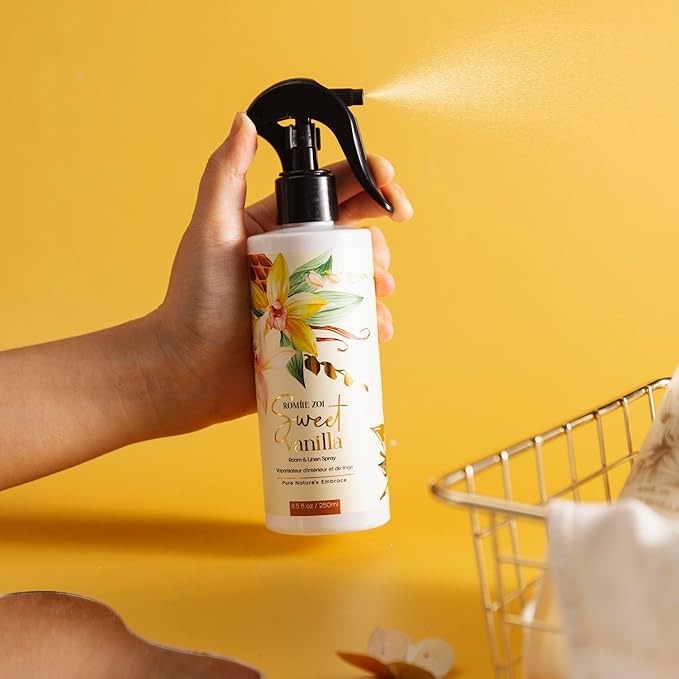 ROMIIE ZOI Linen & Room Air Freshener Spray Room Mist, with Natural Plant Extract, Scented Room Spray for Home Fragrance Fabric Spray Freshener Sweet Vanilla, 8.5 FL OZ