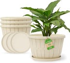 Quarut Plant Planters Pots Set of 4 Pack 16 Inch，Large Plastic Flower Pot for Indoor Plants with Drainage Holes & Trays, Whiskey Barrel Planters with Saucer for House Outdoor Garden Plant（White）