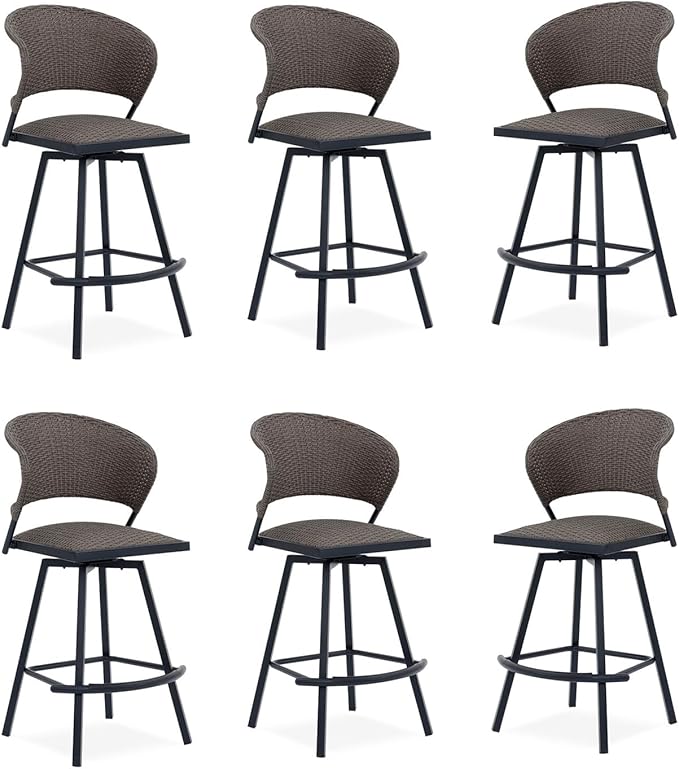 VICLLAX Patio Bar Stool Chairs with Footrests and Padded Seat, Bar Height Swivel Patio Chairs Set of 6, Brown Woven Wicker Swivel Bar Stools for Lawn Garden
