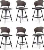 VICLLAX Patio Bar Stool Chairs with Footrests and Padded Seat, Bar Height Swivel Patio Chairs Set of 6, Brown Woven Wicker Swivel Bar Stools for Lawn Garden