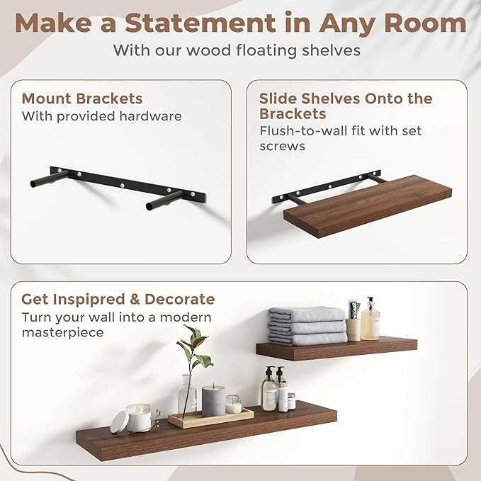 36 Inch Floating Shelves for Wall Set of 2, 8"D Wood Grain Bathroom Shelves with Invisible Brackets, Easy Install Engineered Wood Storage Shelves for Kitchen, Living Room, Bedroom, Walnut Finish