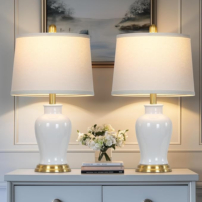 Modern Ceramic Table Lamps Set of 2, 23" White Ceramic Lamps for Living Room, Rustic Farmhouse Bedside Lamp with Ginger Jar Design, Elegant Bedroom Lamp for Nightstand Desk Side End Table Home Decor