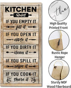 Hanging Kitchen Rules Wood Decor Sign, Rustic Kitchen Wooden Signs, Printed Wood Wall Art Sign, Kitchen Door Rules Rustic Sign, Hanging Wood Sign Kitchen Decor, Funny Farmhouse Kitchen Wall Décor E1