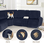 Arfntevss Sectional Recliner Couch Covers Velvet Washable Corner Sectional Sofa Cover for Reclining Stretch Soft Thick L Shape Recliner Slipcover Set (5 Seat with 1 Console Cover, Dark Blue)