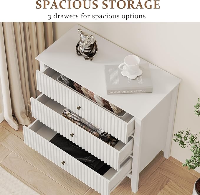 Large White 3 Drawer Dresser, Painted 30 Inch Tall Wood Nightstand with Storage, Wide Modern Chest of Drawers with Ball Bearing Slide for Bedroom Hallway Living Room Entryway Office