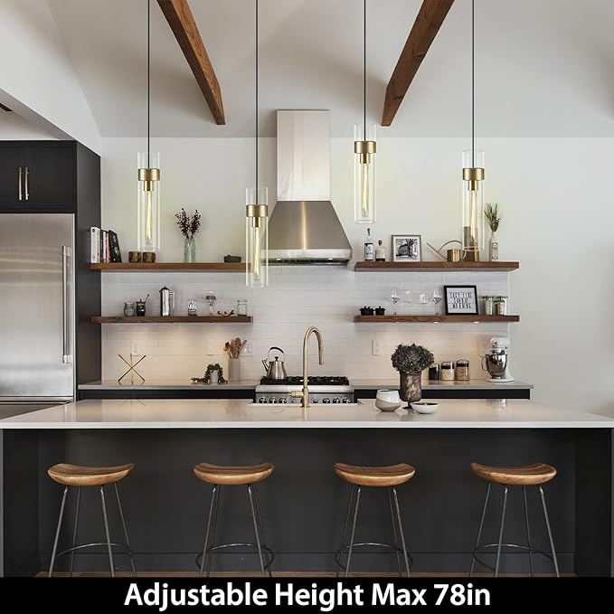 Modern Glass Brass Pendant Lights Kitchen Island, Adjustable Cord Pendant Light Fixtures, Kitchen Pendant Lighting Over Island, Indoor Chandelier for Bedroom Bathroom, Included Bulb