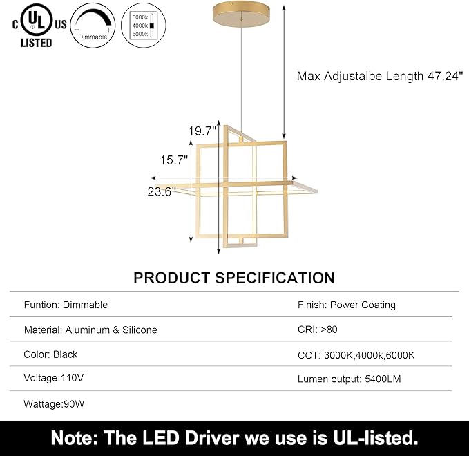 Modern LED Chandelier Led Pendant Light Square Contemporary Chandelier Hanging Light Dimmable for Living Room, Dining Room, Bedroom, Kitchen, Stydy Room 90W 3000K/4000K/6000K Optional,Gold