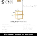 Modern LED Chandelier Led Pendant Light Square Contemporary Chandelier Hanging Light Dimmable for Living Room, Dining Room, Bedroom, Kitchen, Stydy Room 90W 3000K/4000K/6000K Optional,Gold