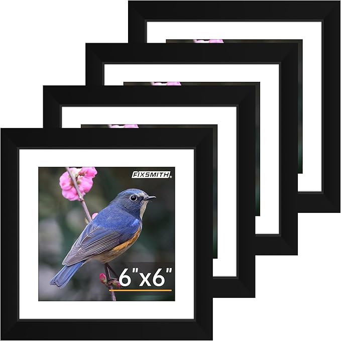 FIXSMITH 6x6 Picture Frame Set of 4, Photo Frame with HD Plexiglass, Display Pictures 4x4 with Mat or 6x6 Without Mat Multi Picture Frames Collage for Tabletop or Wall Display, Black