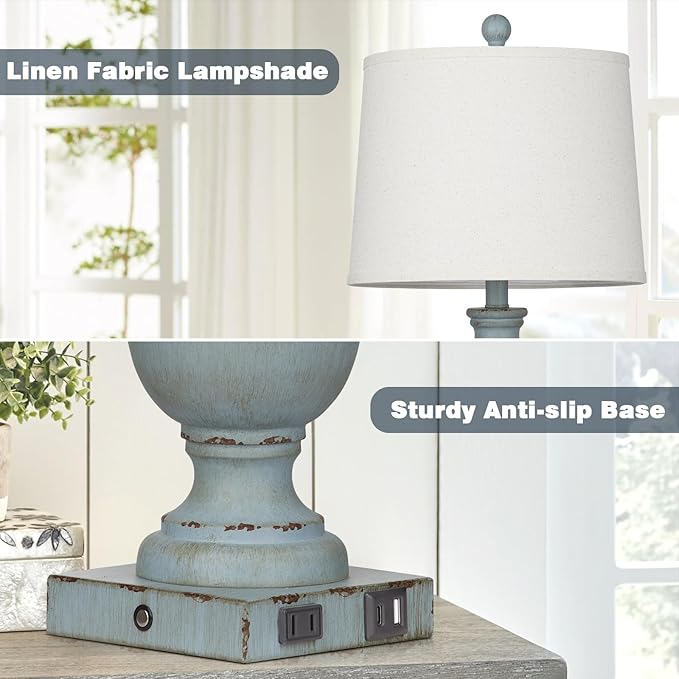 Farmhouse Table Lamps, Rustic 26" Touch Control Bedside Lamps with USB A+C Charging Ports & AC Outlet, Vintage 3-Way Dimmable Traditional Classic Nightstand Lamp for Living Room Bedroom Office Decor