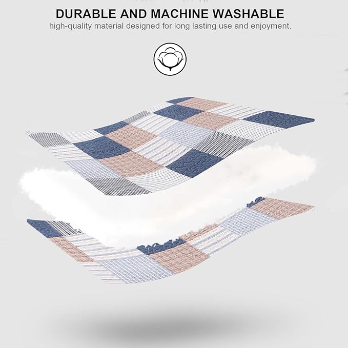 PANGUSHAN 100% Cotton Quilt Set King Size, Patchwork Plaid King Quilt Bedding Set Bedspreads, Farmhouse Lightweight Comforter Reversible Quilt, Navy/Brown/White Bed Spread for King Bed, 3 Pieces