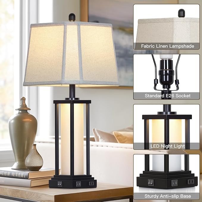 27" Tall Vintage Table Lamp Set of 2 with USB C+A & Outlet,Black Industrial End Table Lamp for Living Room,Farmhouse Rustic Bedside Lamps with Bell Lampshades for Bedroom Nightstand,Black