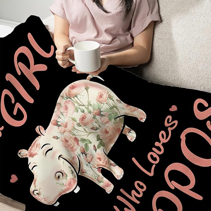 Hippo Blanket for Girls Women Just A Girl Who Loves Hippos Gifts Throw Blanket Lightweight Fuzzy Cozy Plush Flannel Fleece Blankets for Bed Decor 40"x50"