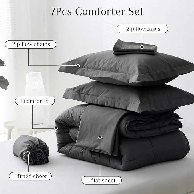 JOLLYVOGUE Queen Comforter Set, Ultra-Soft Bed in a Bag Queen Size 7 Pieces, Oeko-TEX Certified Bedding Set with Down Alternative Comforter, Sheets, Pillowcases & Shams, Dark & Light Grey