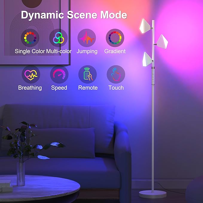PARTPHONER RGB Tree Floor Lamp for Living Room, Stepless Dimmable Tall Standing Lamp with Remote, Touch Control and 3 Rotatable Light, Bright LED Lights for Bedroom with 4 Color-Changing, White