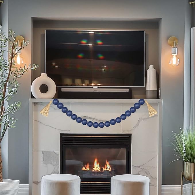 OMISHE Extra Large Wood Bead Garland in Navy Blue with 1.6" Diameter Wooden Beads and Tassels, 41" Long Rustic Farmhouse Country Decorative Beads for Home Wooden Decor, Navy Blue