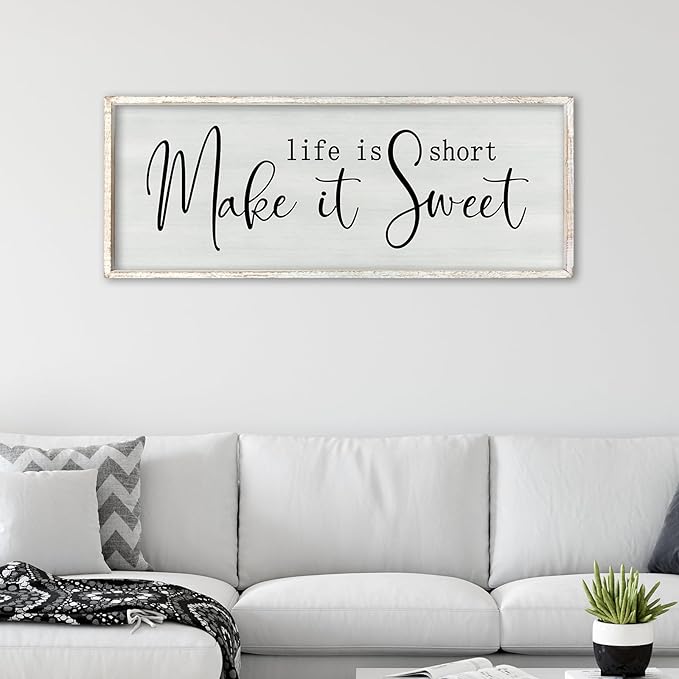 ZZJJHYWGQ Life is Short Make It Sweet Sign Wall Decor 32"×12" for Bedroom Family Lnspirational Quote Large Wood Framed Wall Hanging Art (White)