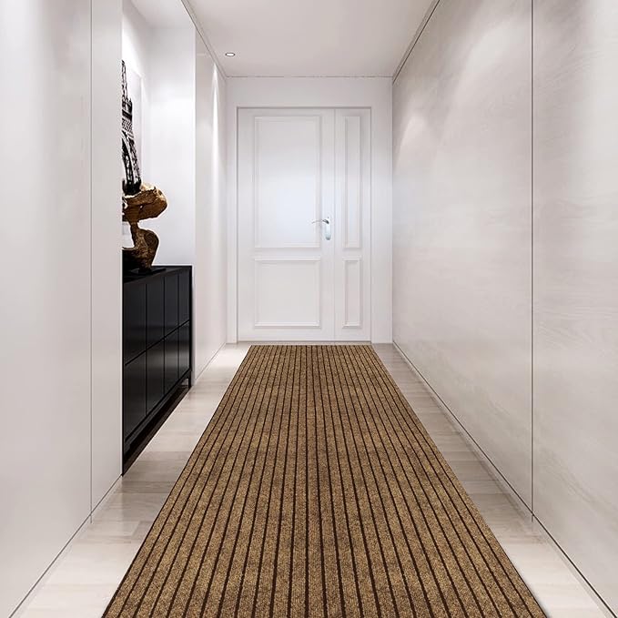 Custom Size Backed Non-Slip Area Rugs Runner, Easy Clean, Waterproof Runner Rugs for Hallway Entryway, Kitchen, Laundry, 2FT x 16FT, Brown Stripe