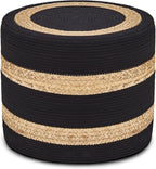 Wimarsbon 18'' Ottoman Pouf, Natural Braided Poof, Rustic Handweave Lounge Pouffe, Boho Footrest Stool for Bedroom, Accent Table or Seat for Living Room (Natural Water Hyacinth + Black Cotton Rope)