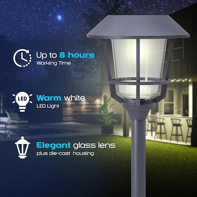 Solar LED Path Lights 4 Pack – 12 Lumens, Warm White, Weathered Zinc, Stainless Steel, Solar Powered, Weather-Resistant Outdoor Lighting for Walkway, Garden, Patio, Sidewalk