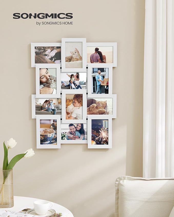 SONGMICS Collage Picture Frames, 4x6 for Wall Decor Set of 12, Multi Family Photo for Gallery Decor, Hanging Display, Assembly Required, Cloud White URPF026W01