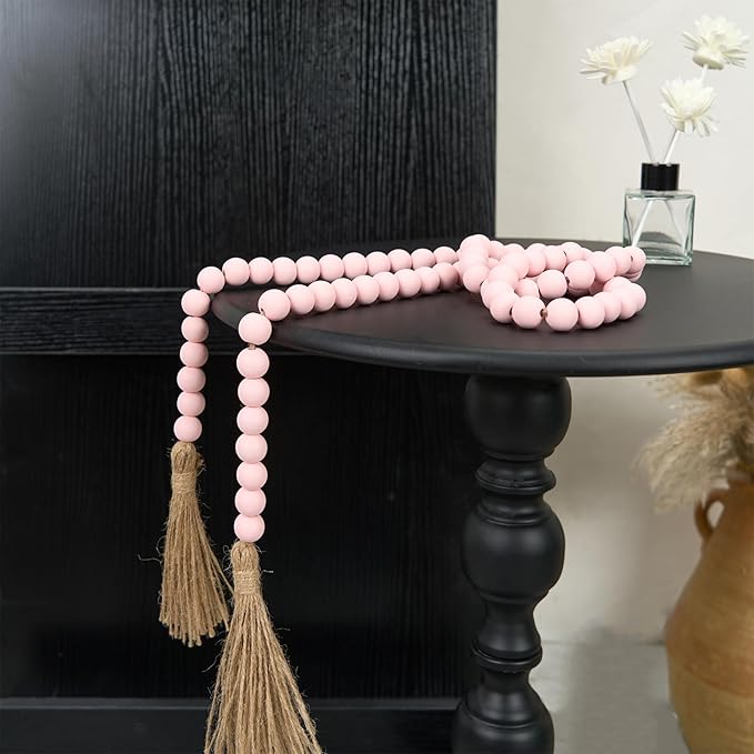 OMISHE 59in Wood Bead Garland with Tassels, Decorative Beads Decor, Farmhouse Wooden Beads Garland for Wall Hanging Home Festival Decor, Pink