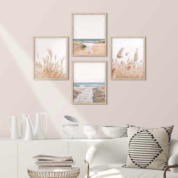 SIGNWIN Framed White Pampas Grass Beach Ocean Shore Horizon Wall Art, Set of 4 Landscape Colorful Wall Decor Prints, Nature Wilderness Wall Décor for Living Room, Bedroom - 12"x16" Natural
