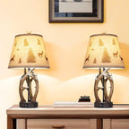 Set of 2 Rustic Western Deer Table Lamps, 26" with Nightlight & 2 USB Ports, Natural Antler Design for Bedroom, Living Room, Office & Christmas